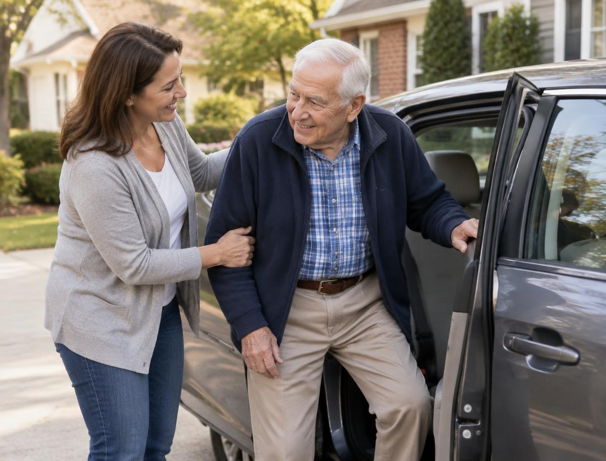 A helper steadying an older man as he gets into a car